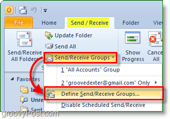 Skärmdump för Outlook 2010 - skicka och ta emot grupper - definiera grupper