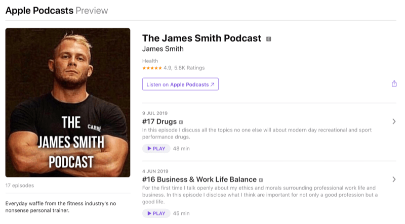Strategi för marknadsföring av sociala medier; Skärmdump av James Smiths podcast på Apple Podcasts. James är en välkänd influencer i gymmet.
