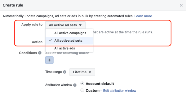 Använd Facebook-automatiska regler, stoppa annonsuppsättningen när utgifterna är två gånger kostnaden och mindre än ett köp, steg 1, gäller för alla annonsuppsättningar
