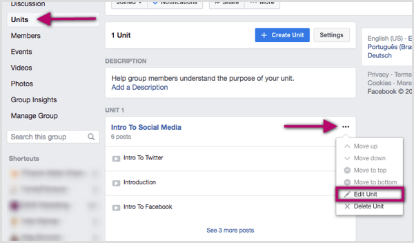 Klicka på de tre punkterna till höger om den Facebook-gruppenhet du vill redigera.