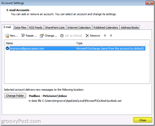 Outlook 2010 skärmbild stängningsknapp för att spara kontobesparingar