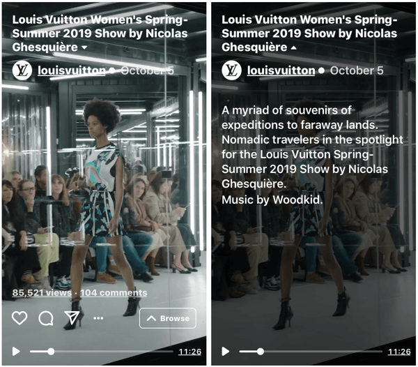 Exempel på Louis Vuittons IGTV-show för deras kvinnors modeshow för kvinnors vår 2019.