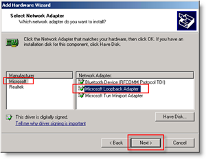 Windows Add Hardware Wizard: Lägg till Loopback Network Adapter