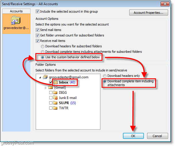 Outlook 2010 Skärmdump - inkorg använd anpassat beteende ladda ner komplett objekt