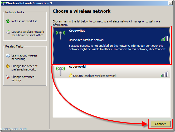 Windows XP-meny för att välja en trådlös nätverksskärmbild: groovyPost.com
