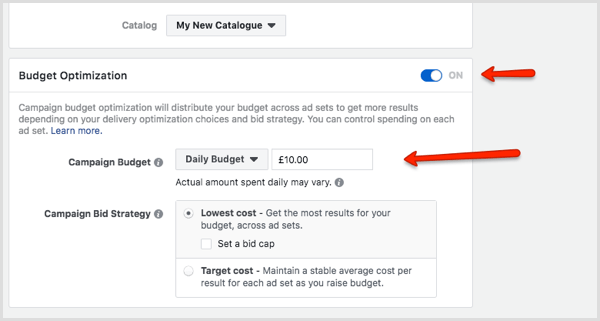 Budgetoptimeringsavsnitt i Facebook Ads Manager