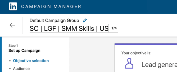 skärmdump av LinkedIn-kampanjnamn redigerad för att säga 'SC | LGF | SMM-färdigheter | USA '