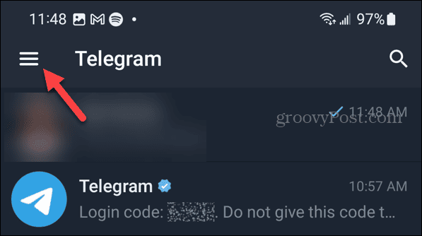 Menyknapp på Telegram på Android