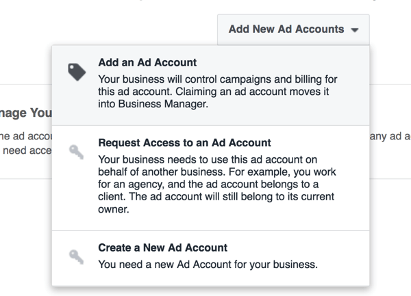 Välj alternativet för att skapa ett nytt annonskonto i Business Manager.