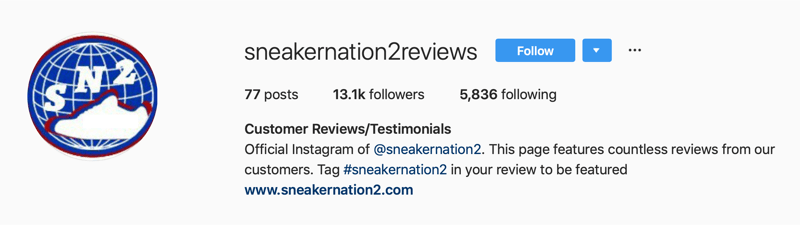 sekundärt Instagram-konto för SneakerNation2-recensioner