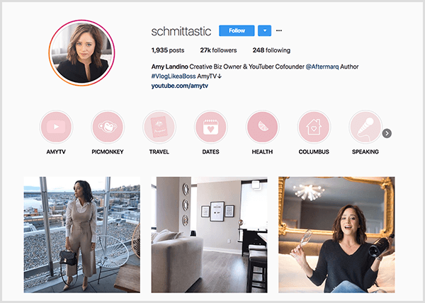 Amy Landinos Instagram-profil använder handtaget schmittastiskt. Hennes Instagram-profil visar Highlight-kategorierna för AmyTV, Picmonkey, Travel, Dates, Health, Columbus och Speaking. Bilderna visar bilder på Amy.