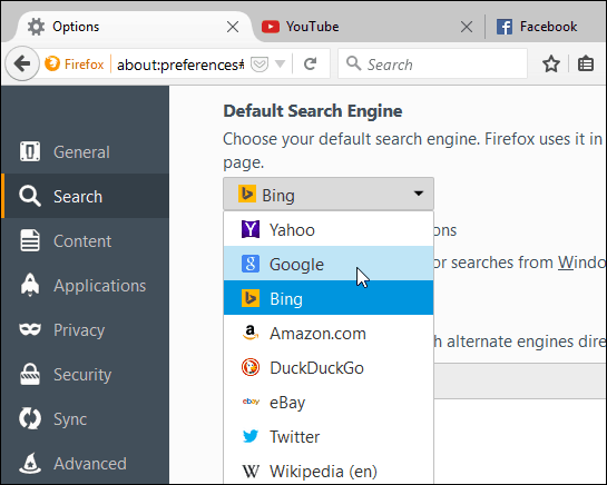 ställ in sökmotorn Firefox