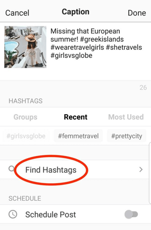 Förhandsgranskningsappen hjälper dig att hitta relevanta hashtags att lägga till i ditt inlägg.