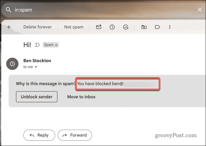 Exempel på ett blockerat e-postmeddelande i Gmail