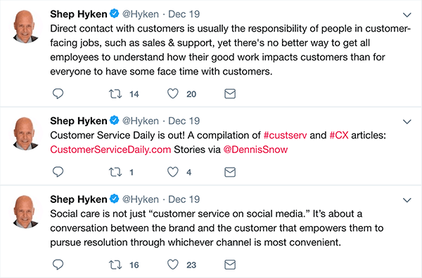 Detta är en skärmdump av tre tweets som Shep Hyken gjorde om kundservice.