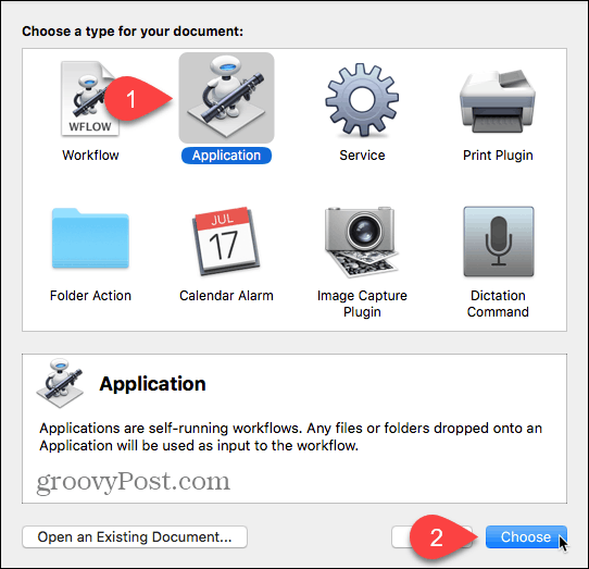 Välj applikation som dokumenttyp i Automator