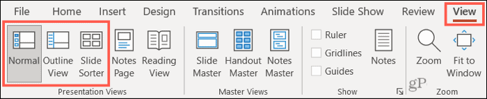 PowerPoint Normal, Kontur och Slide Sorter-vy