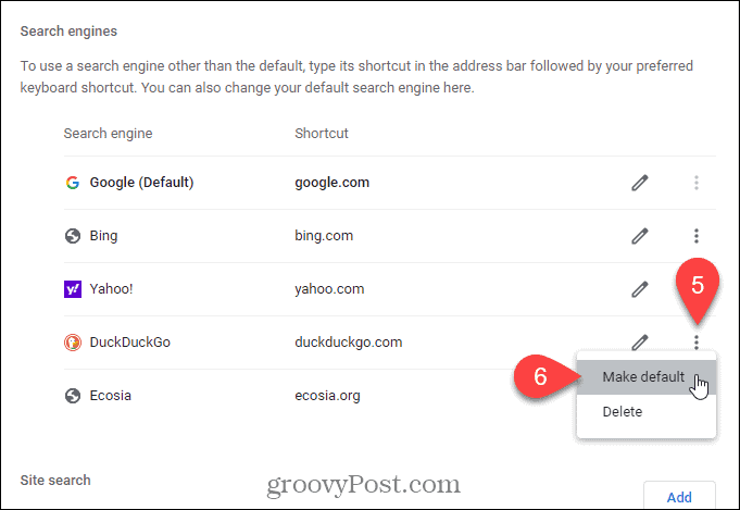 Välj Gör som standard för sökmotorn som du vill ska vara standard på sidan Ny flik i Chrome