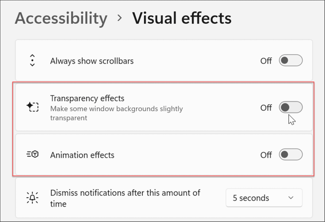 tillgänglighet visuella effekter windows 11 inställningar