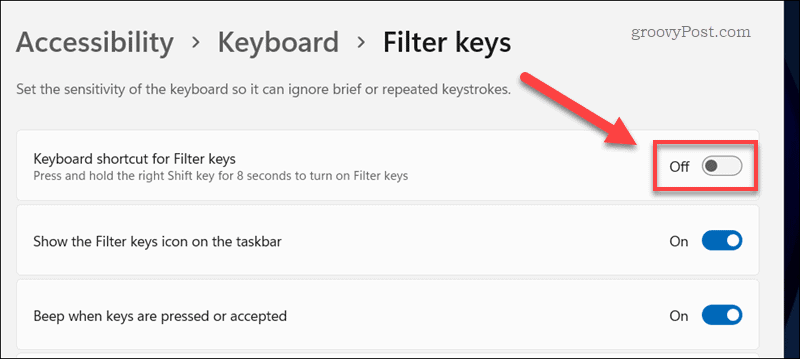Inaktivera genvägen för filternycklar i Windows 11