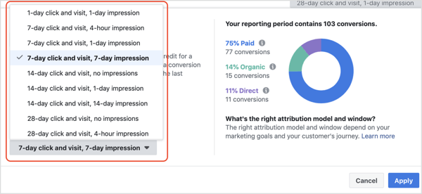 Listrutan Attribution Window i Facebook Attribution-verktyg