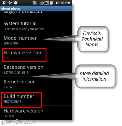 android firmware och byggnummer, modellnummer också