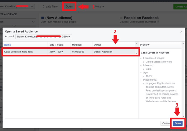 Välj din sparade målgrupp och klicka på Öppna.
