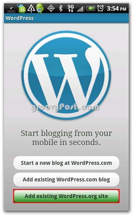 Wordpress på Android Setup Menu - Lägg till befintlig webbplats