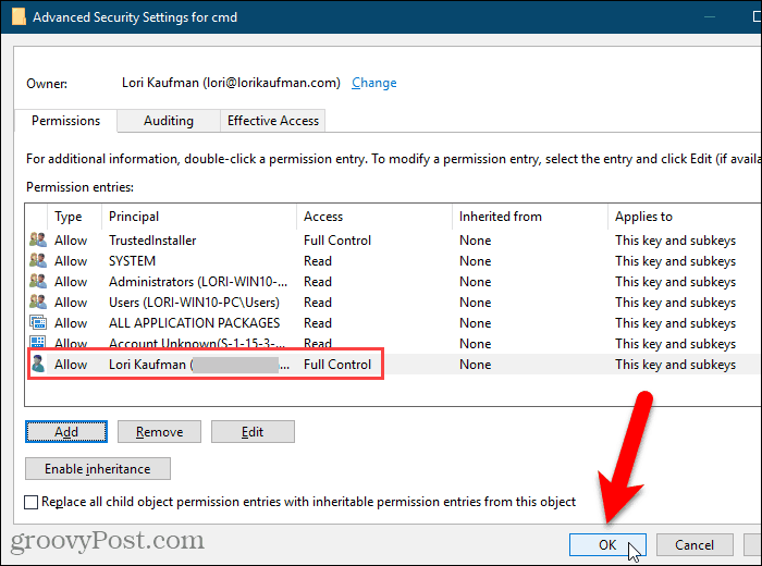 Stäng dialogrutan Avancerade säkerhetsinställningar i Windows-registret