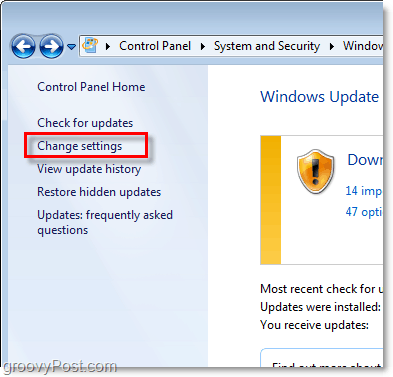 Windows 7 - Skärmbild för Windows Update Configuration Link