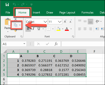 Kopierar utvalda data i Microsoft Excel