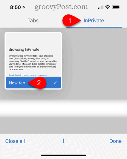 Tryck på InPrivate och sedan på Ny flik i Edge för iOS