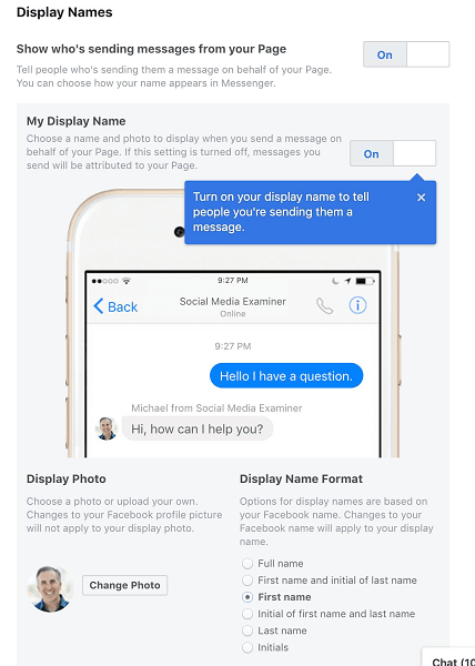 Facebook tillåter sidadministratörer att välja deras visningsnamn när de använder Messenger för deras sida eller företag.