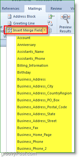 Skärmdump av Outlook 2010 - infoga fler anpassade fält, dock valfritt
