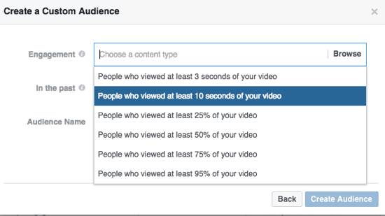 Begränsa din anpassade Facebook-publik efter procentandel av tittad video.