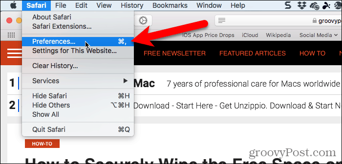 Gå till Safari> Inställningar i Safari for Mac