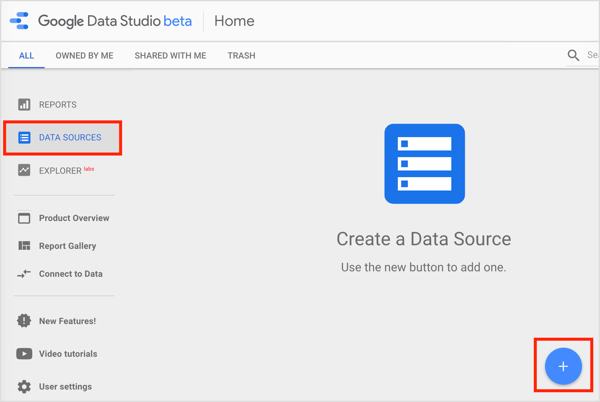 Öppna fliken Datakällor och klicka på + -knappen till höger.