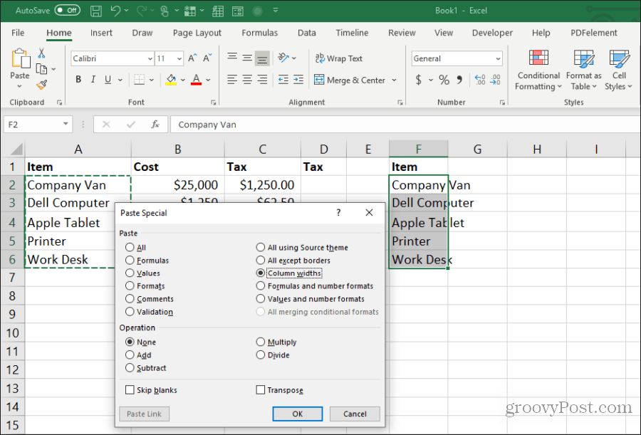 klistra in kolumnbredder i Excel