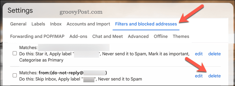 Knappen Ta bort filter i Gmail