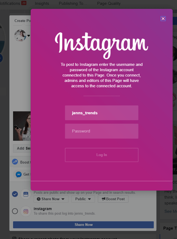 Så här korsar du inlägg till Instagram från Facebook på skrivbordet, steg 4, loggar in på Instagram