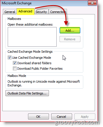 Outlook 2010 Skärmdump utbyta avancerad flik lägg till brevlåda
