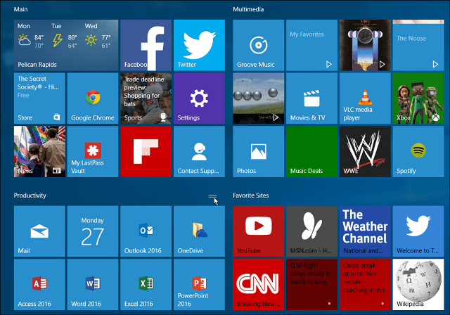 Windows 10-kakelgrupper startar menyn stor