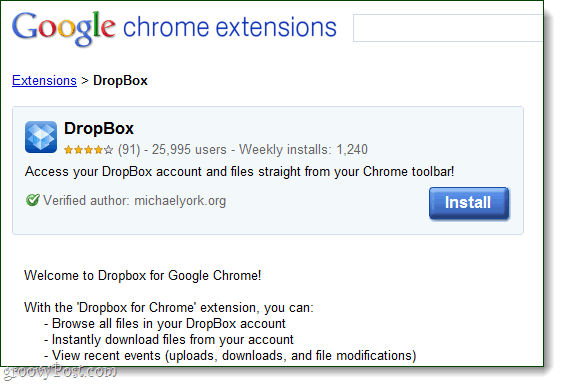 Dropbox för Google Chrome som en förlängning av michaelyork.org