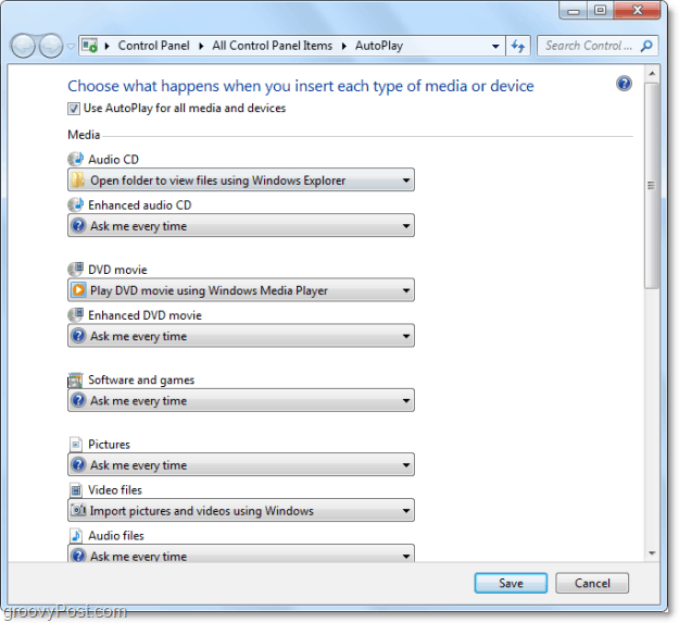 Spara tid genom att anpassa Windows 7 Autoplay-åtgärder