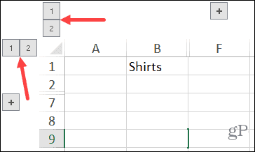 Grupperade kolumner och rader Nummerknappar i Excel i Windows