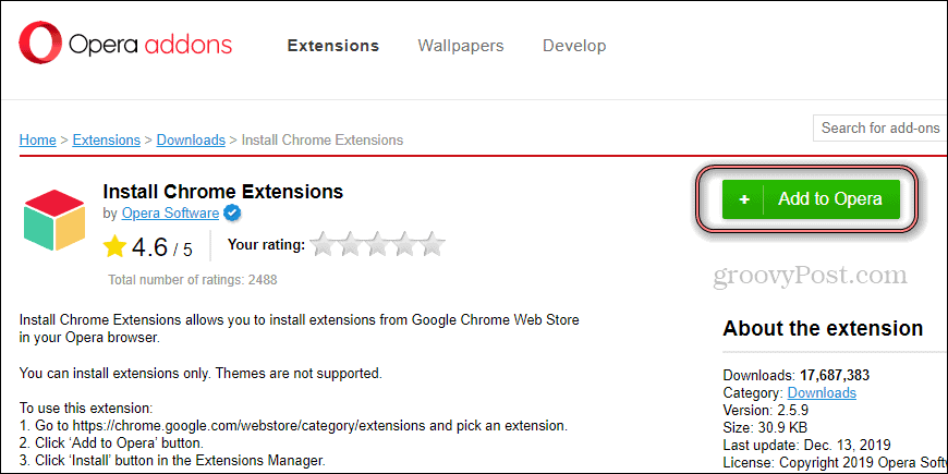 Opera Installera Chrome-tilläggsinstallation