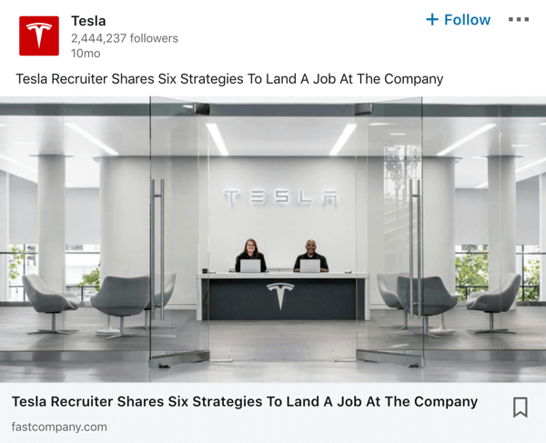 Exempel på Tesla LinkedIn-företagssida.