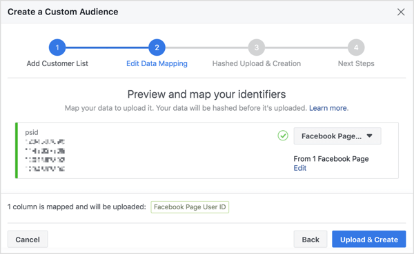 När du importerar din Messenger-bot-prenumerantlista för att skapa en anpassad målgrupp mappar Facebook sitt Facebook-användar-ID-nummer, vilket är knutet till deras profil.