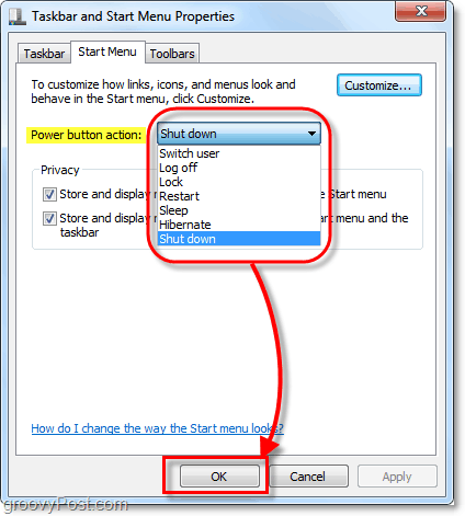 ändra åtgärden för startmenyens strömknapp i Windows 7