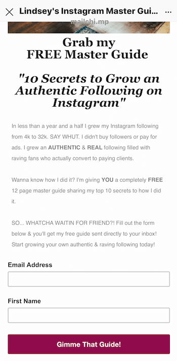 exempel på målsida för blymagnet som marknadsförs i Instagram-berättelsen